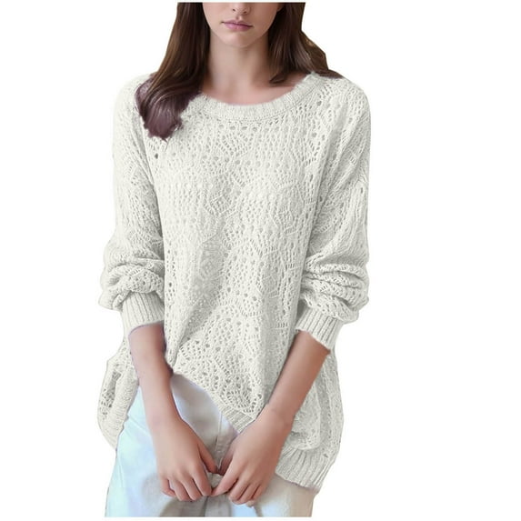 Annhoo Womens Sweaters Long Sleeve Crew Neck Solid Color Knitted Tops Fall Trendy Hollow out Lounge Outfits
