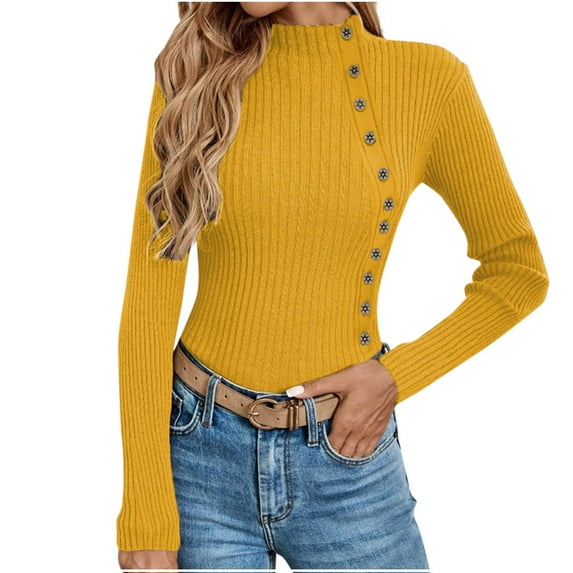 Annhoo Womens Sweaters Long Sleeve Mock Neck Slim Knitted Pullover Shirts Fashion Elegant Side Button Tops