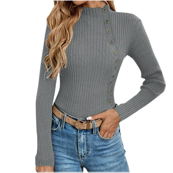 Annhoo Womens Sweaters Long Sleeve Mock Neck Slim Knitted Pullover Shirts Fashion Elegant Side Button Tops