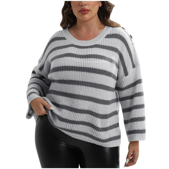 Annhoo Womens Sweaters Plus Size Loose Crew Neck Long Sleeve Pullover Shirts Fall Trendy Stripes Knitted Tops