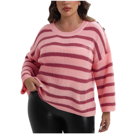 Annhoo Womens Sweaters Plus Size Loose Crew Neck Long Sleeve Pullover Shirts Fall Trendy Stripes Knitted Tops