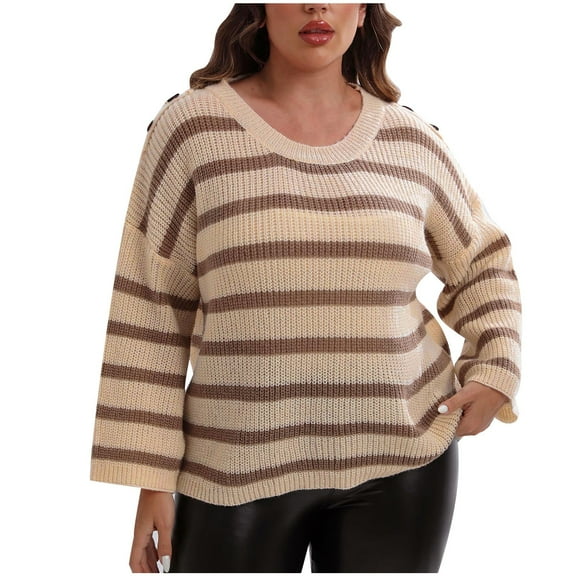 Annhoo Womens Sweaters Plus Size Loose Crew Neck Long Sleeve Pullover Shirts Fall Trendy Stripes Knitted Tops