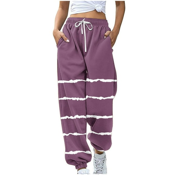 Annhoo Womens Sweatpants Trendy Stripe Printed High Waisted Pants with Pockets Casual Gym Activewear