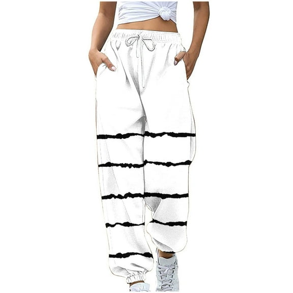 Annhoo Womens Sweatpants Trendy Stripe Printed High Waisted Pants with Pockets Casual Gym Activewear