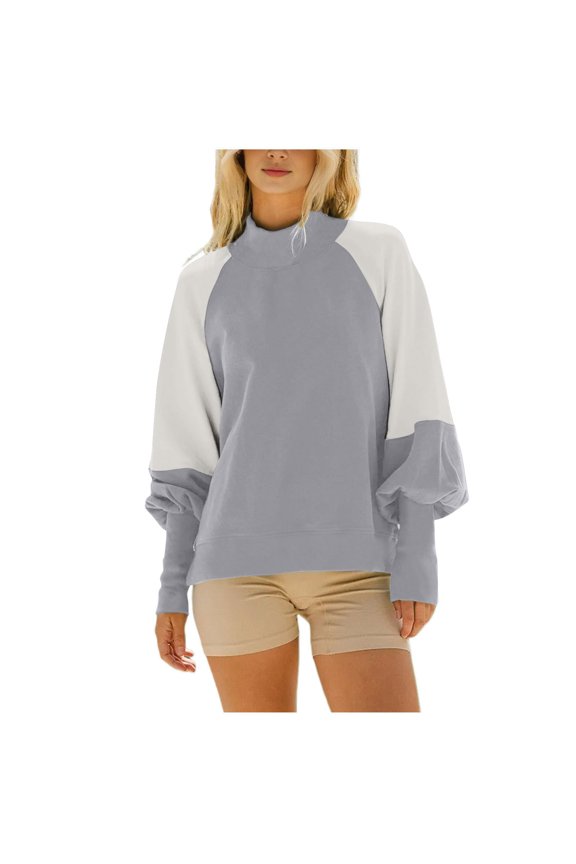 Womens Sweatshirt Fall Trendy Color Block Mock Neck Pullover Shirts Loose Long Sleeve Sweaters Tops