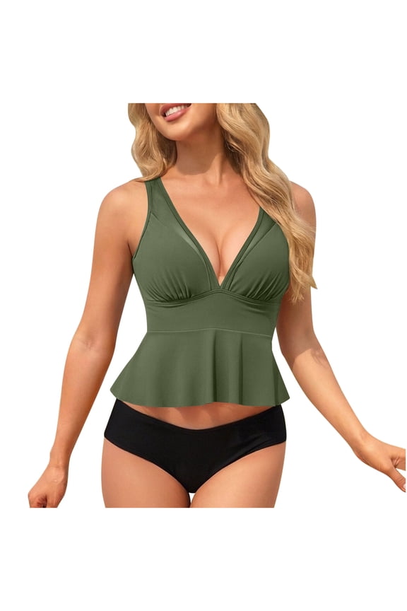 Womens Swimsuits V Neck High Wais Ruffled Decor Flowy Pleated Solid Color Swimwear Beach Swim Clothes