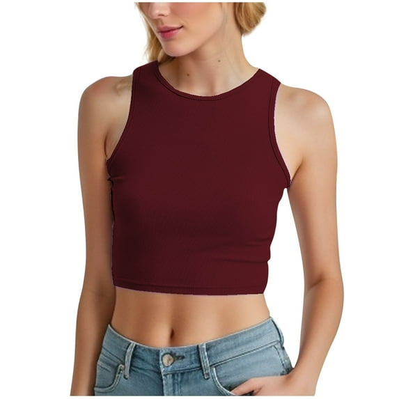 Annhoo Womens Tank Shirts Ribbed Kint Solid Color Crewneck Basic Sleeveless Crop Tops Casual Clothes