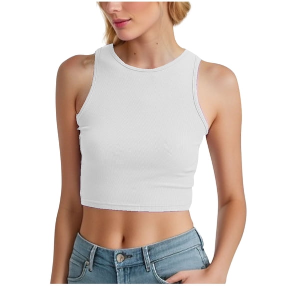 Annhoo Womens Tank Shirts Ribbed Kint Solid Color Crewneck Basic Sleeveless Crop Tops Casual Clothes