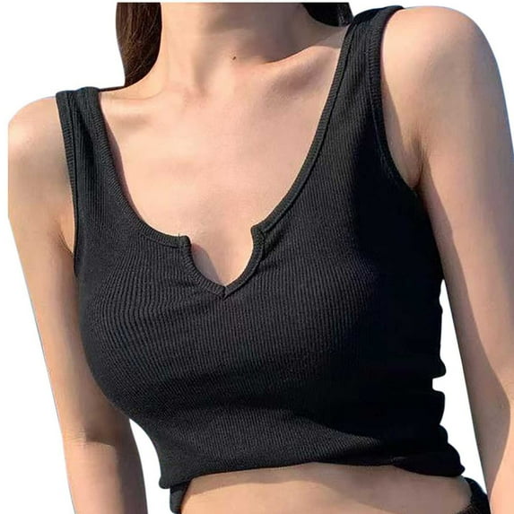 Annhoo Womens Tank Tops Notched V Neck Ribbed Knitted Crop Vest Blouse Sleeveless Slim Summer Going Out T-Shirts