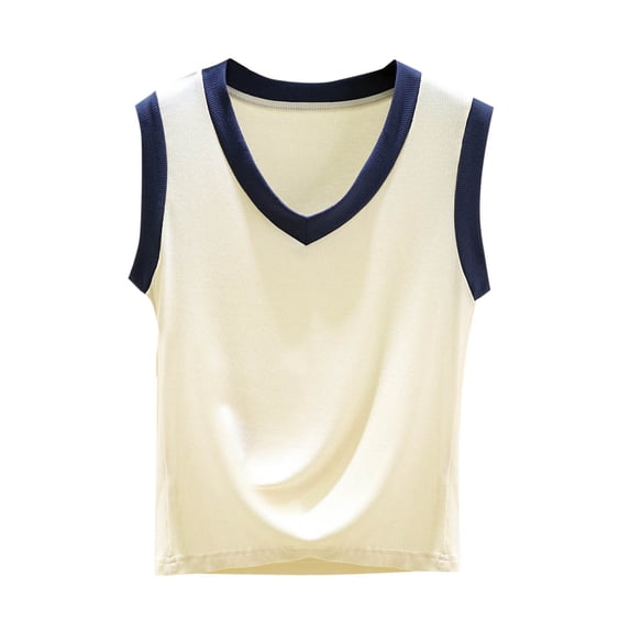 Annhoo Womens Tank Tops Spring Summer V Neck Ribbed Knit Block Color Sleeveless Shirts Comfortable Clothes