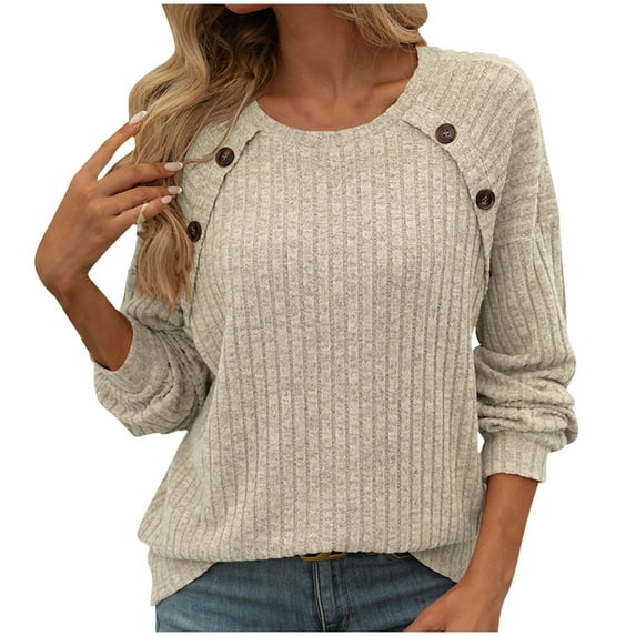 Annhoo Womens Tops Casual Long Sleeve Button Round Neck Knitted Sweater Blouses Fall Comfy Soft Pullover Shirts