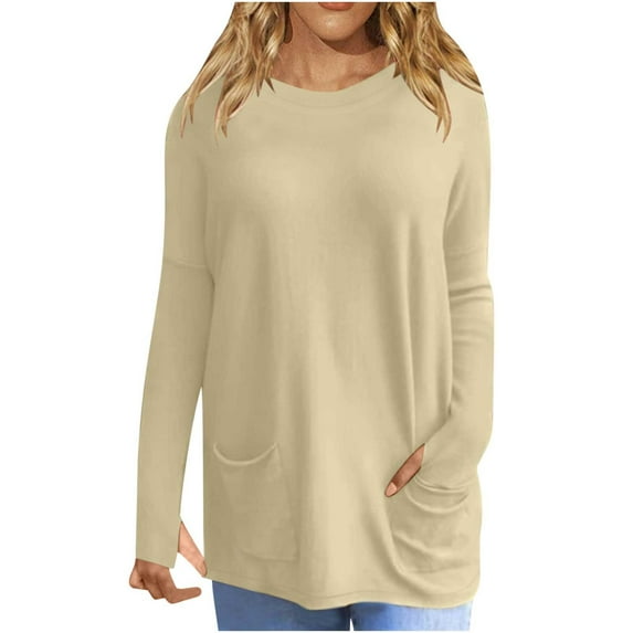 Annhoo Womens Tops Casual Long Sleeve Round Neck Tunics Fall Plus Size Loose Pullover Shirts with Pockets
