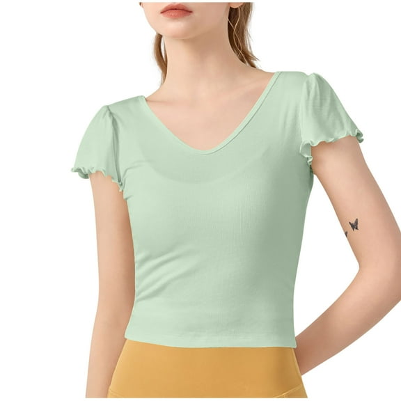 Annhoo Womens Tops Casual V-Neck Ruffle Short Sleeve Soft Shirts Solid Color Cute Trendy Summer Blouse