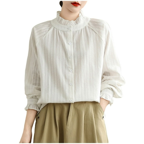 Annhoo Womens Tops Dressy Casual Crewneck Button Down Solid Color Long Sleeve Shirts Soft Business Clothes