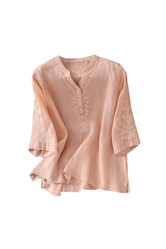 Womens Tops Elegant Spring Summer Linen V neck Button Decor 3/4 Sleeve Solid Color Shirts Comfortable Clothes