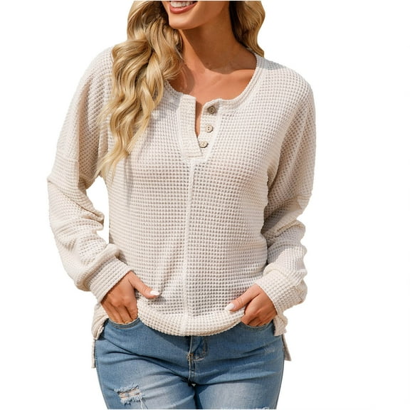 Annhoo Womens Tops Long Sleeve Button Front Round Neck Knitted Tees Casual Baggy Breathable Pullover Shirts