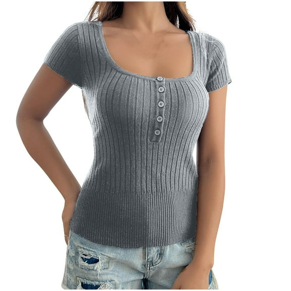 Annhoo Womens Tops Plain Dressy Blouses Button Up Summer Casual Short Sleeve Scoop Neck Tshirts for Women