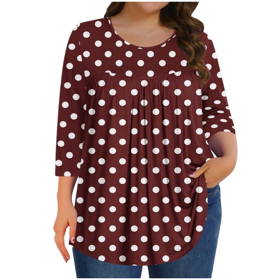 Annhoo Womens Tops Plus Size Casual V Neck Pleated Print 3/4 Sleeve T Shirts Loose Loungewear Clothes