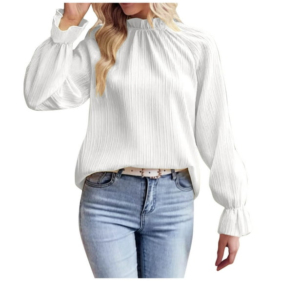 Annhoo Womens Tops Puff Long Sleeve Fall Casual Pleated High Neck Blouses Elegant Solid Going out T Shirts