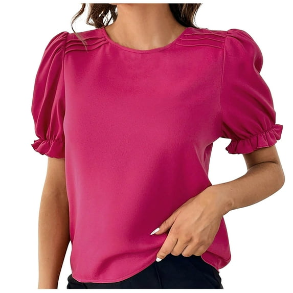Annhoo Womens Tops Puff Short Sleeve Summer Fashion Solid Crewneck Baggy Tunics Elegant Business Casual Blouses