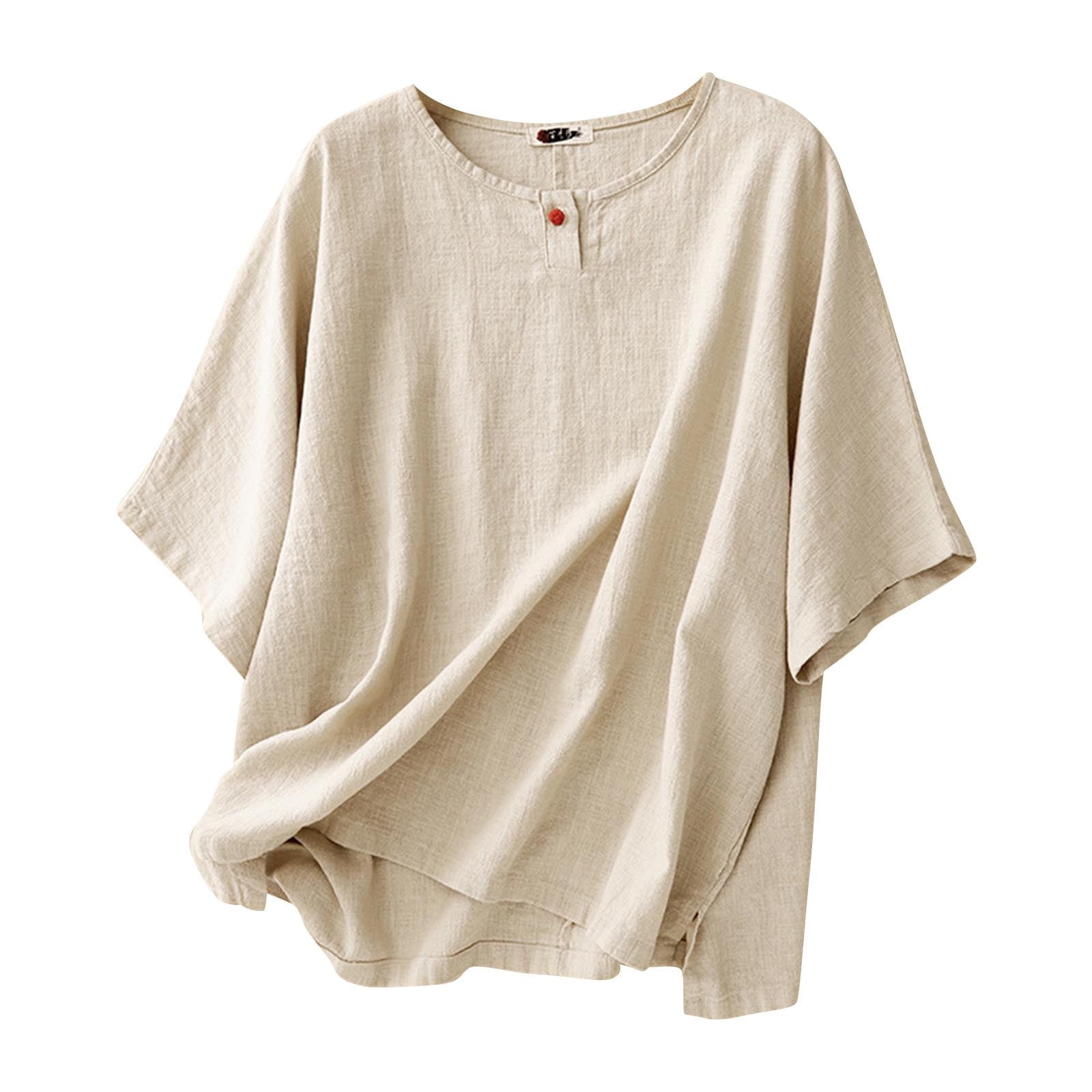 Annhoo Womens Tops Spring Linen Crewneck Solid Color Loose Short Sleeve ...