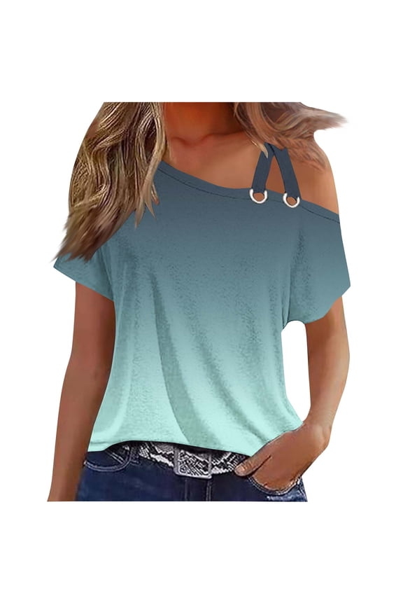 Womens Tops Summer Cold Shoulder One Side Double Strap T-Shirts Short Sleeve Vacation Blouses Loose Tees