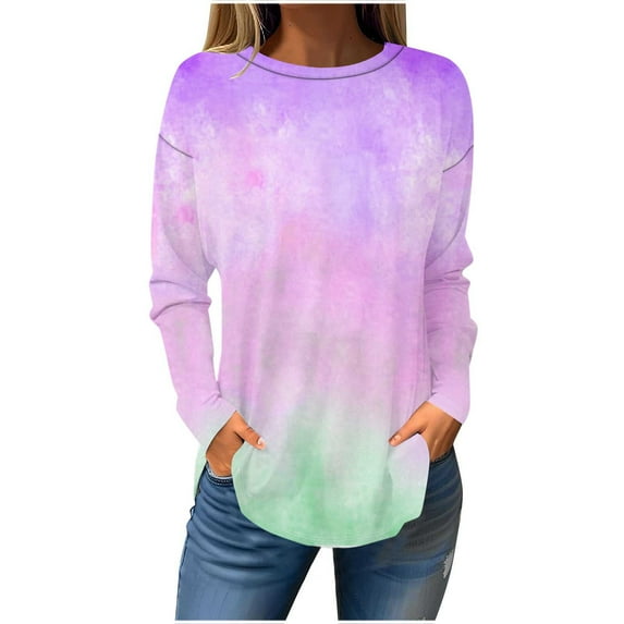 Annhoo Womens Tops Trendy Tie Dye Fall Long Sleeve Crewneck Pullover Shirts Plus Size Casual Loose Vacation Tunics