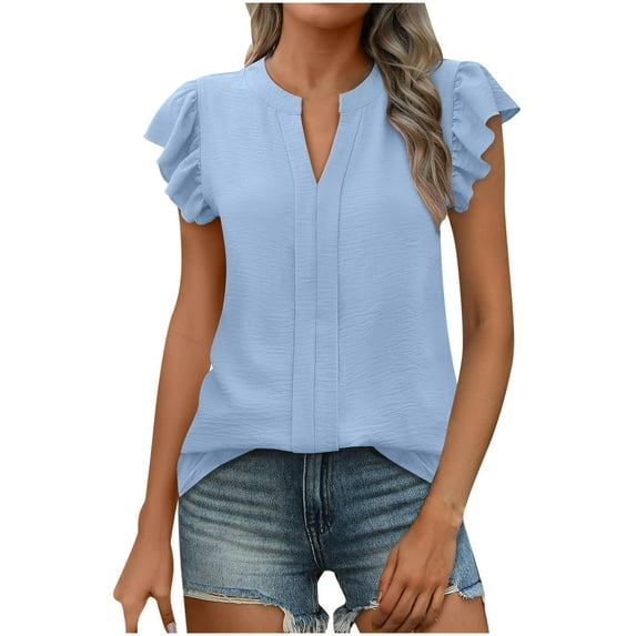 Annhoo Womens Tops V Neck Solid Color Ruffled Pullover Casual Short Sleeve Shirts Going Out Clothes