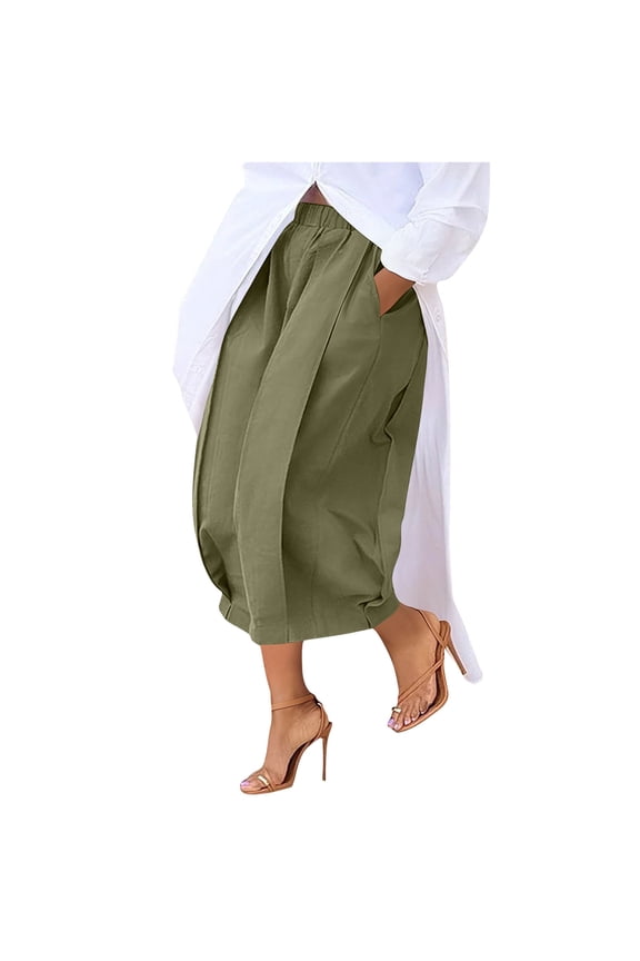 Womens Trouser High Waist Wide Leg Solid Color Loose Capri Pants with Pockets Casual Dressy Clothes