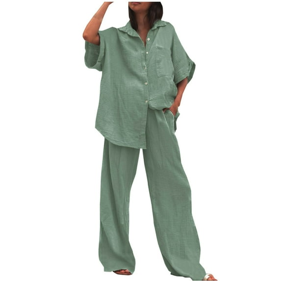 Annhoo Womens Two Piece Outfits Half Sleeve Button down Lapel Shirts and Wide Leg Pants with Pockets Casual Clothing