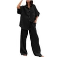 thumbnail image 1 of Annhoo Womens Two Piece Outfits Half Sleeve Button down Lapel Shirts and Wide Leg Pants with Pockets Casual Clothing, 1 of 4