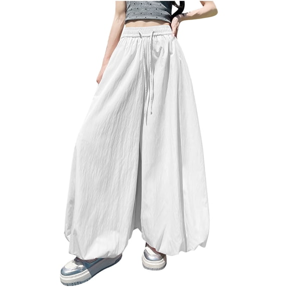 Annhoo Womens Wide Leg Pants Spring Summer Solid Color Lightweight Trouser with Drawstring Fashion Clothes