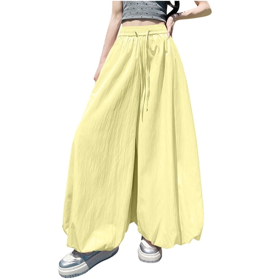 Annhoo Womens Wide Leg Pants Spring Summer Solid Color Lightweight Trouser with Drawstring Fashion Clothes