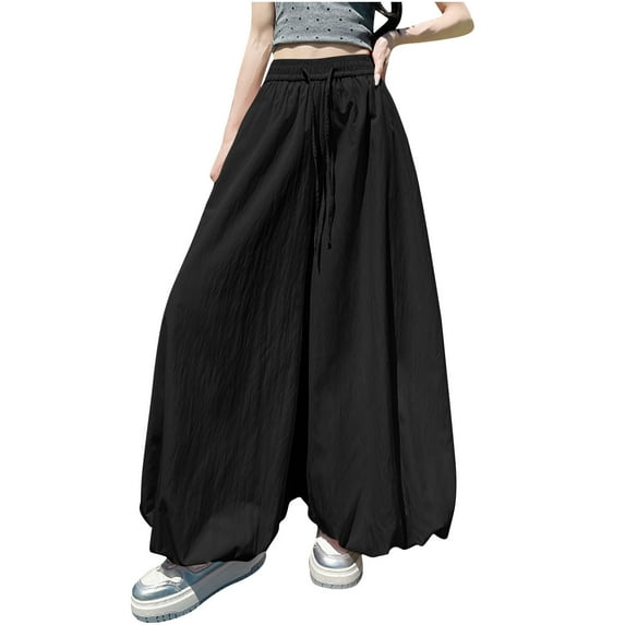 Annhoo Womens Wide Leg Pants Spring Summer Solid Color Lightweight Trouser with Drawstring Fashion Clothes