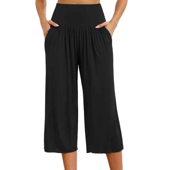 Annhoo Womens Wide Leg Trouser Solid Color Lightweight Pleat Capri Pants with Pockets Comfortable Clothes