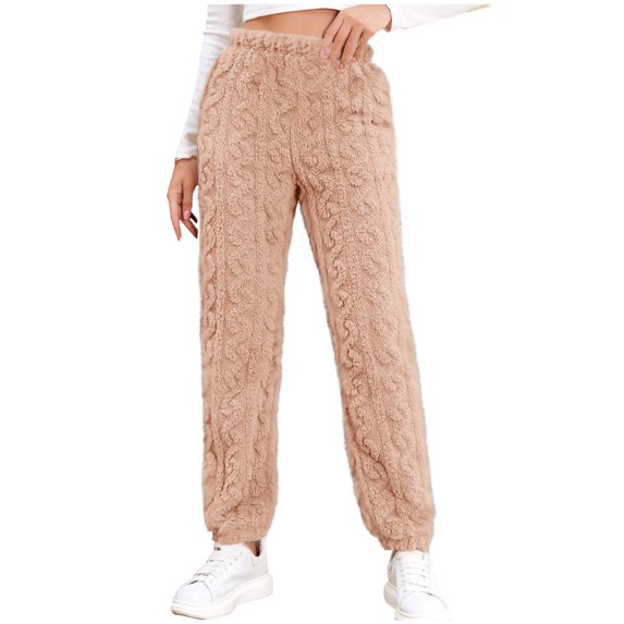 Annhoo Womens Winter Fuzzy Trousers Cozy Warm High Elastic Waisted Lounge Pants Solid Color Thickened Homewear