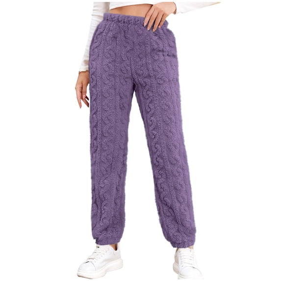Annhoo Womens Winter Fuzzy Trousers Cozy Warm High Elastic Waisted Lounge Pants Solid Color Thickened Homewear