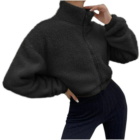 Annhoo Womens Winter Plush Jackets Full Zipper Long Sleeve Collared Coats Comfy Warm Solid Color Fleece Outwear