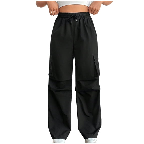 Annhoo Womens Work Pants Solid Color Casual Elastic Waist Loose Sweatpants Drawstring Wide Leg Overalls with Pockets Workwear