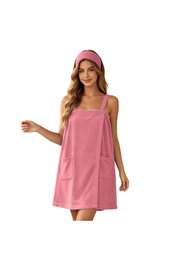 Womens Wrap Bath Dress Sleeveless Spaghetti Straps Dual Pockets Quick-Dry Shower Beach Cover-Up Robe