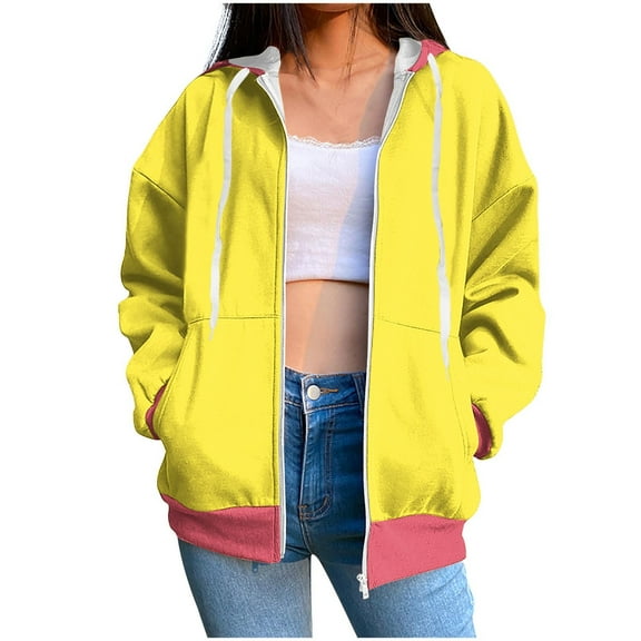 Annhoo Womens Zip up Hoodies Fall Casual Color Block Long Sleeve Sweatshirts Teen Girls Jackets with Pockets