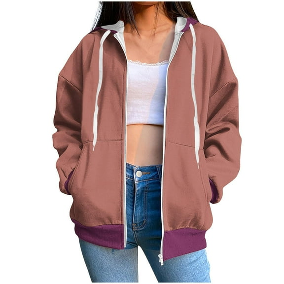 Annhoo Womens Zip up Hoodies Fall Casual Color Block Long Sleeve Sweatshirts Teen Girls Jackets with Pockets