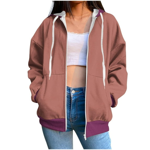 Annhoo Womens Zip up Hoodies Fall Casual Color Block Long Sleeve Sweatshirts Teen Girls Jackets with Pockets