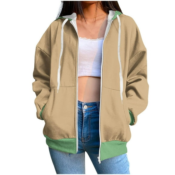 Annhoo Womens Zip up Hoodies Fall Casual Color Block Long Sleeve Sweatshirts Teen Girls Jackets with Pockets