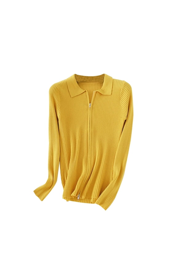 Womens Zip up Knit Jackets Casual Long Sleeve Lapel Ribbed Outwear Cozy Soft Slim Cardigan Sweater