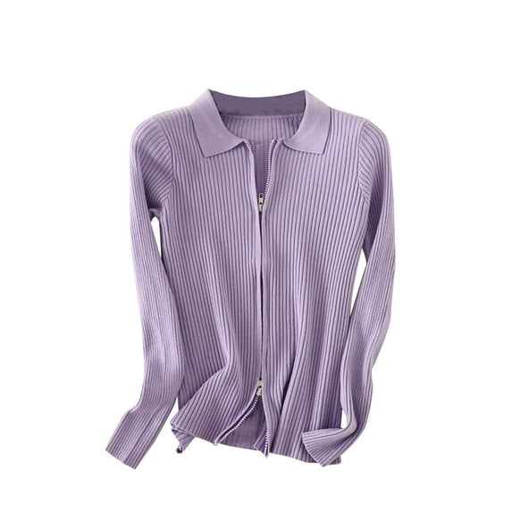 Annhoo Womens Zip up Knit Jackets Casual Long Sleeve Lapel Ribbed Outwear Cozy Soft Slim Cardigan Sweater