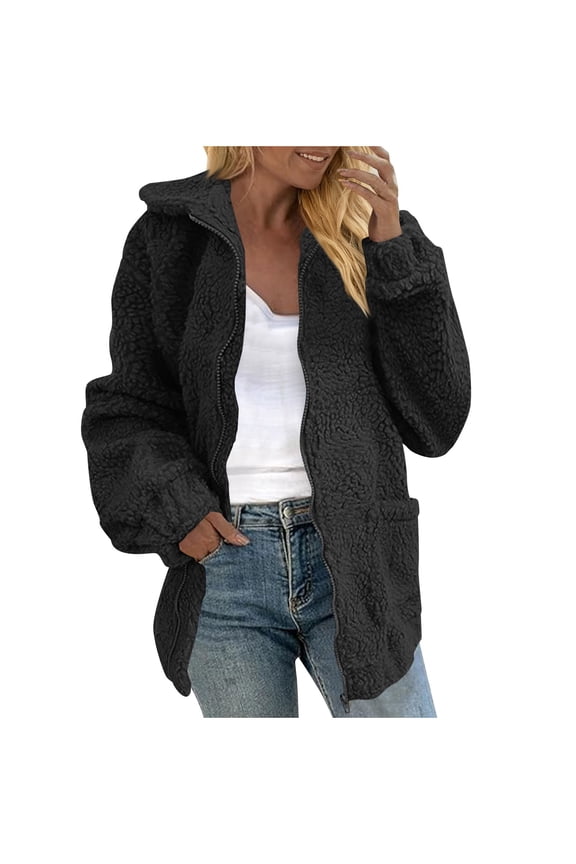 Womens Zipper Fleece Jacket Comfy Long Sleeve Casual Fuzzy Coat with Pocket Outdoor Warm Loose Winter Outerwear