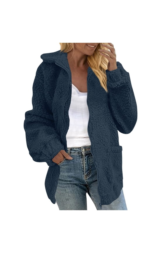 Womens Zipper Fleece Jacket Comfy Long Sleeve Casual Fuzzy Coat with Pocket Outdoor Warm Loose Winter Outerwear