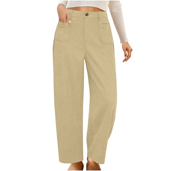 Annhoo Work Pants for Women Corduroy Button Pockets Straight Leg Comfy Business Casual Trousers High Waist Solid Color Pants