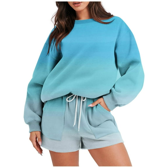 Annhoo Workout Sets for Women 2 Piece Gradient Color Outfits Casual Long Sleeve Crewneck Sweatshirt with Shorts Tracksuit